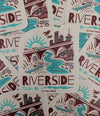 Stickers with 'Riverside, OK' design featuring a river and skyline.