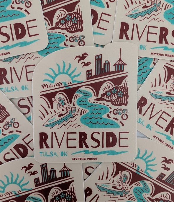 Stickers with 'Riverside, OK' design featuring a river and skyline.
