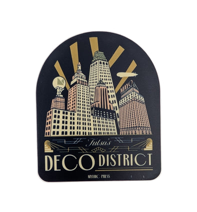 Sticker with a stylized cityscape and 'Deco District' text on a white background