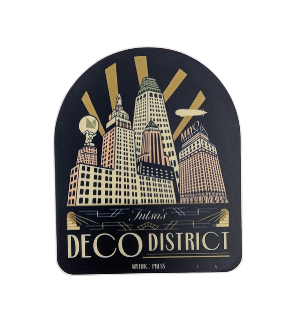 Sticker with a stylized cityscape and 'Deco District' text on a white background