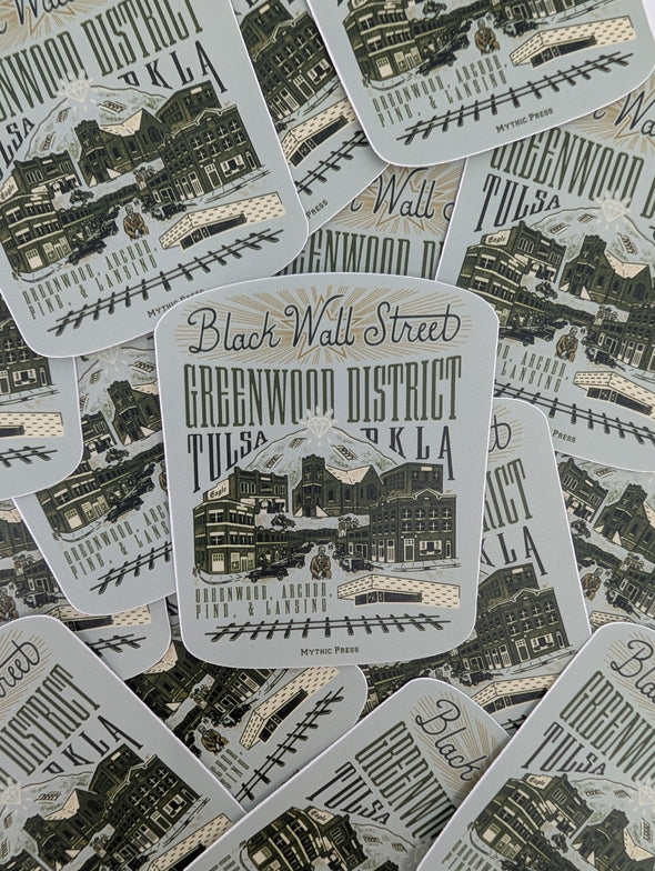Stickers with Black Wall Street and Greenwood District text and graphics on a white background