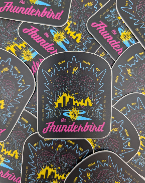 Collection of 'Thunderbird' branded stickers with various designs on a dark background.
