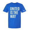 Blue t-shirt with 'UNITED IS THE WAY' text and Tulsa Area United Way logo on a design checklist background.