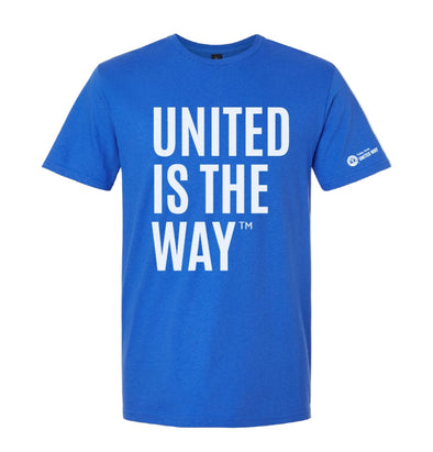 Blue t-shirt with 'UNITED IS THE WAY' text and Tulsa Area United Way logo on a design checklist background.