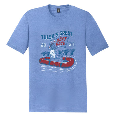 T-shirt design for Tulsa's Great Raft Race with a blue background and red raft graphic.