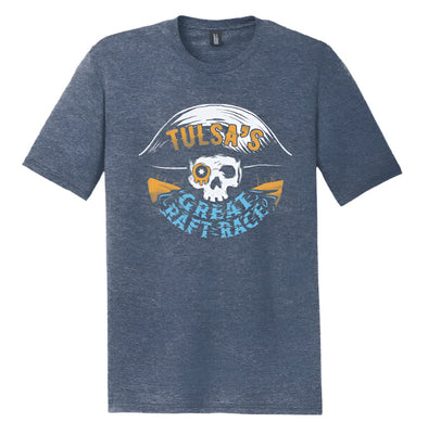 T-shirt design for 'Tulsa's Great Raft Race' with skull and fish graphic on a gray background.