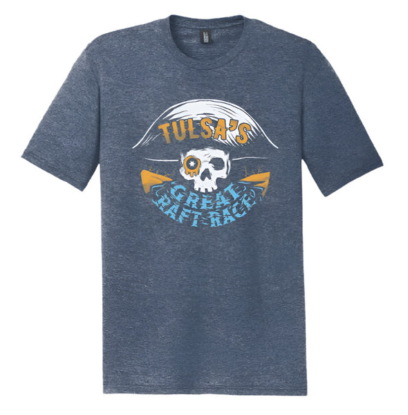 T-shirt design for 'Tulsa's Great Raft Race' with skull and fish graphic on a gray background.