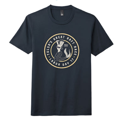 T-shirt design for Tulsa's Great Raft Race with mermaid graphic and text on a black background.