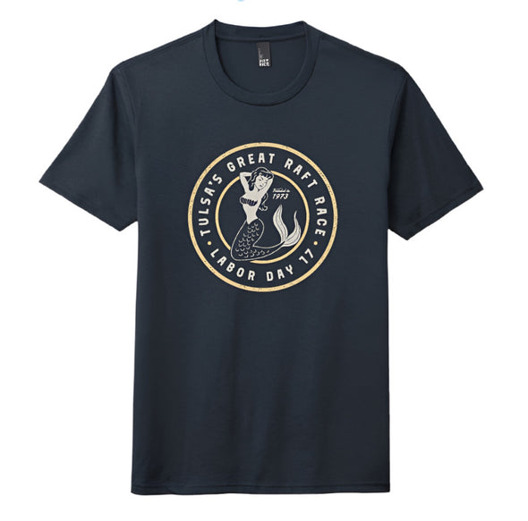 T-shirt design for Tulsa's Great Raft Race with mermaid graphic and text on a black background.