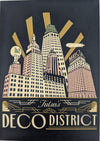 Poster of Tulsa's Deco District with stylized buildings and text on a black background